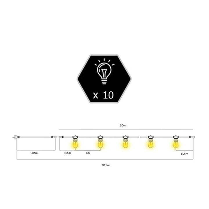 S14 Clear Bulb | 10m 10 Bulbs | Dimmable Drop Hang | White Cable