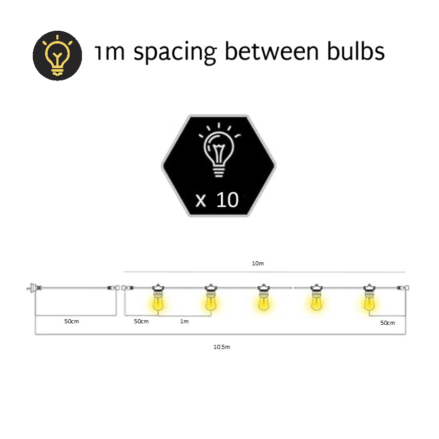 A60 Clear Bulb | 15m 15 Bulbs | Drop Hang Dimmable Festoon Lights