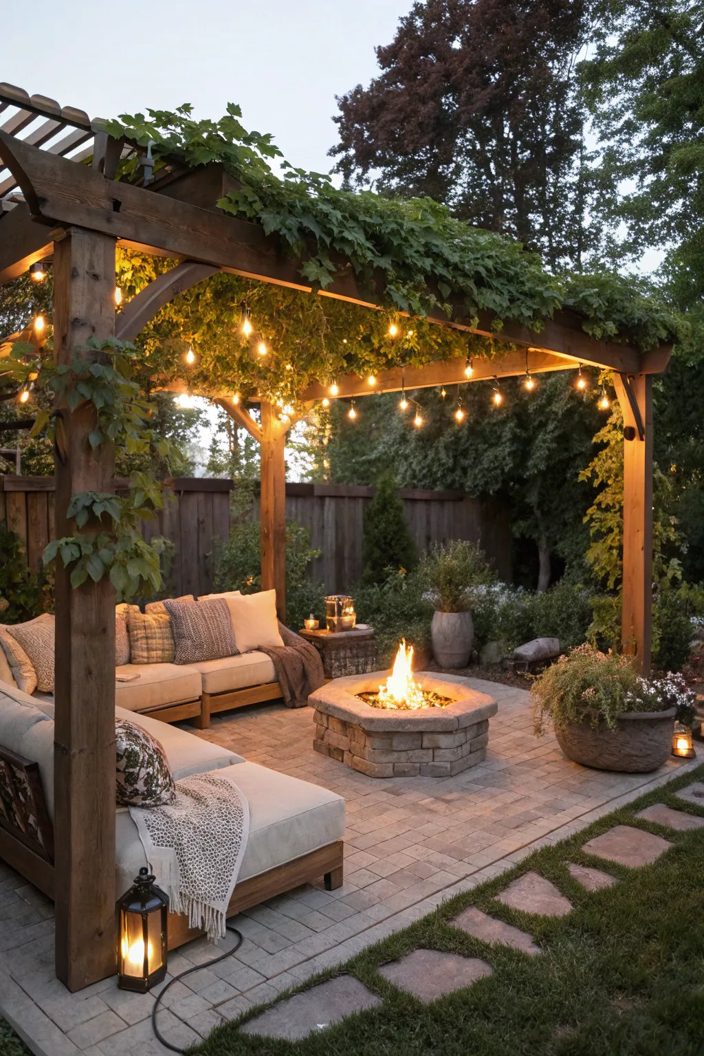 Festoon Lights + Fire Pits + Pergola