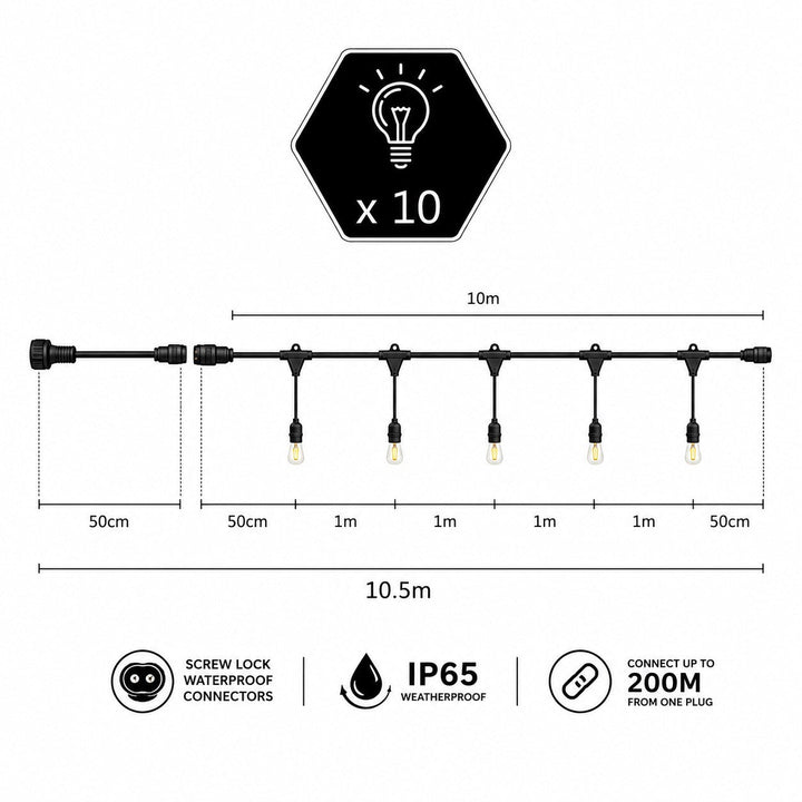 G45 Glass Bulb Festoon Lights | 10m 10 Bulbs | Non Dimmable | Flat Flush Mount