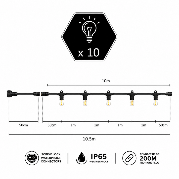Black 10-pack of 10-meter string lights with 1cm spacing, shown with dimension markings, waterproof connectors, IP65 weatherproof rating, and connection details on a white background.