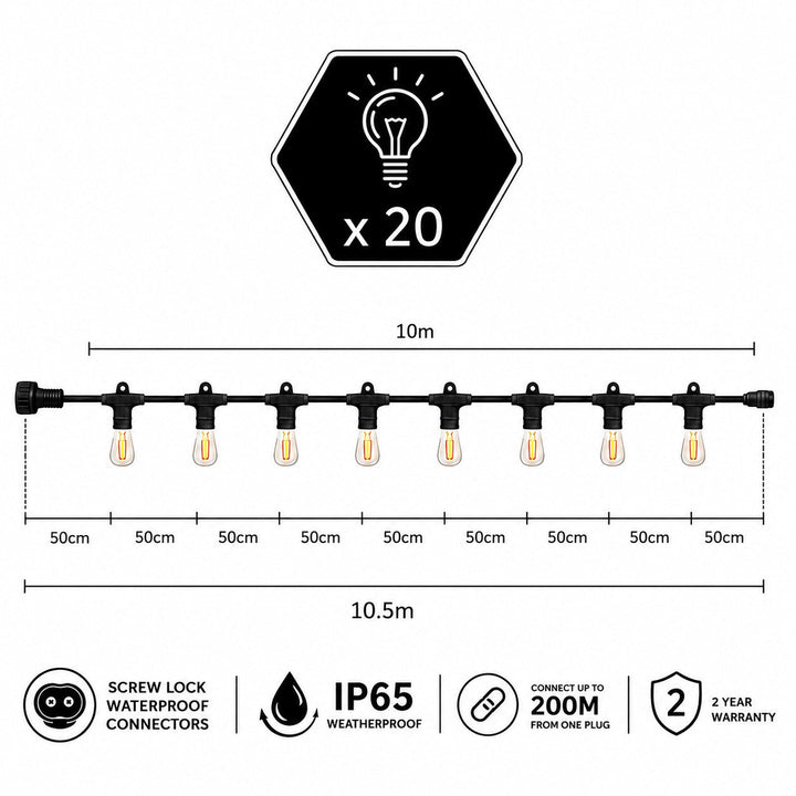 S14 Clear Bulb | 10m 20 Bulbs | Flush Mount Dimmable Festoon Lights