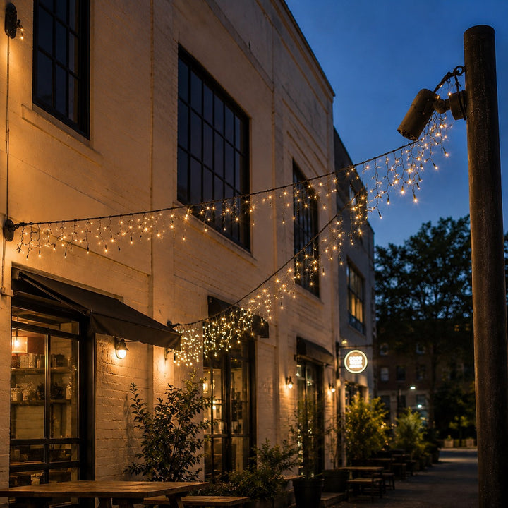 Outdoor Fringe Fairy Lights | 5m Black Rubber Cable | Connectable | 30cm Drops | Pro Series