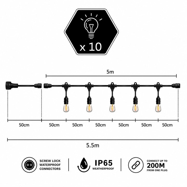 Festoon Lights | ST58 Clear Bulb | 5m 10 Bulbs | Drop Hang | Connectable