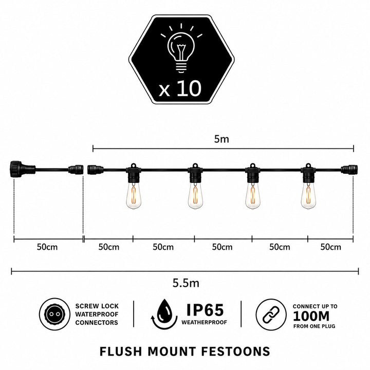 Festoon Lights | ST58 Clear Bulb | 5m 10 Bulbs | Flush Mount | Connectable