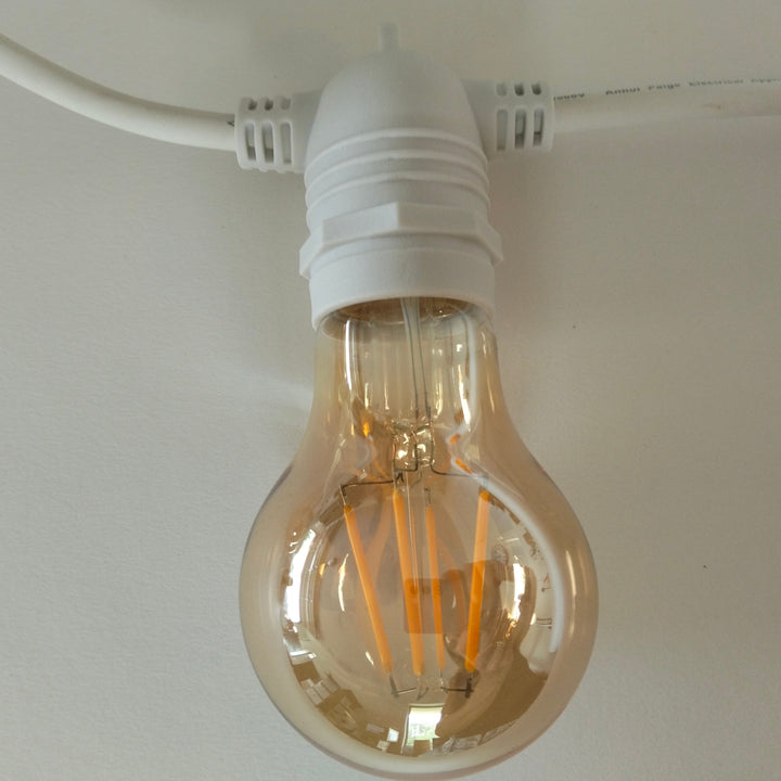 A19 Amber Bulb White Cable | 10m 10 Bulbs | Flush Mount Dimmable Festoon Lights