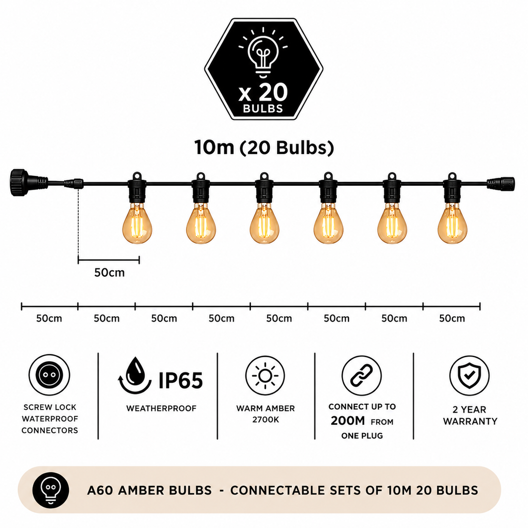 A60 Amber Bulb | 10m 20 Bulbs | Flush Mount Dimmable Festoon Lights