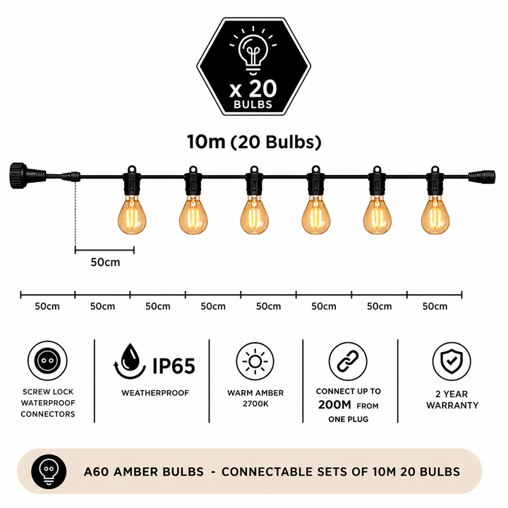 A60 Amber Bulb | 10m 20 Bulbs | Flush Mount Dimmable Festoon Lights