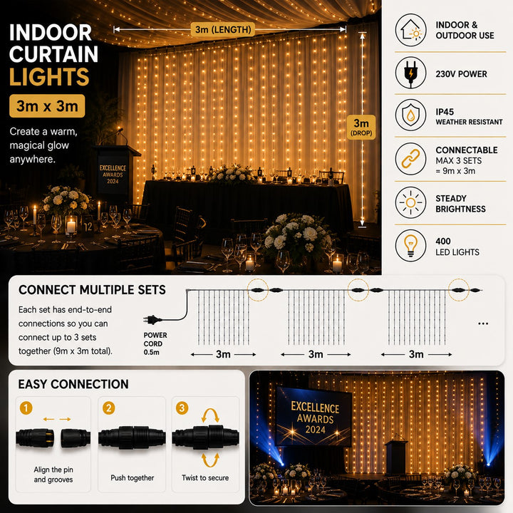 Indoor Curtain Fairy Lights | 3m x 3m Clear Cable | Connectable | Core Series