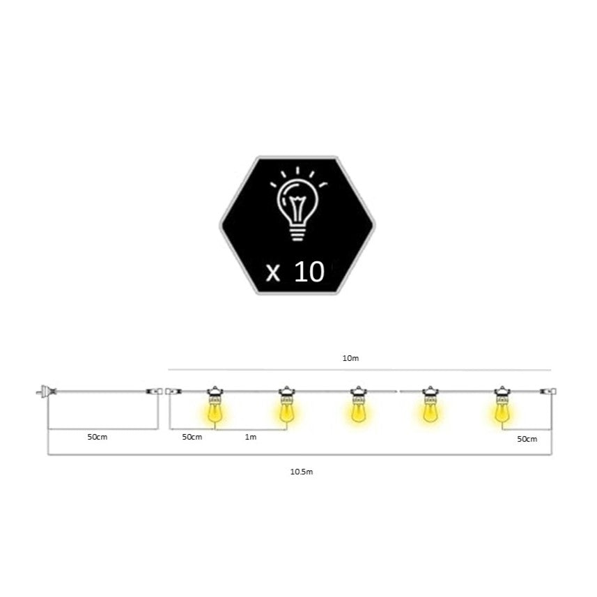 A60 Clear Bulb Festoon Lights | 10m 10 Bulbs | Flat Flush Mount