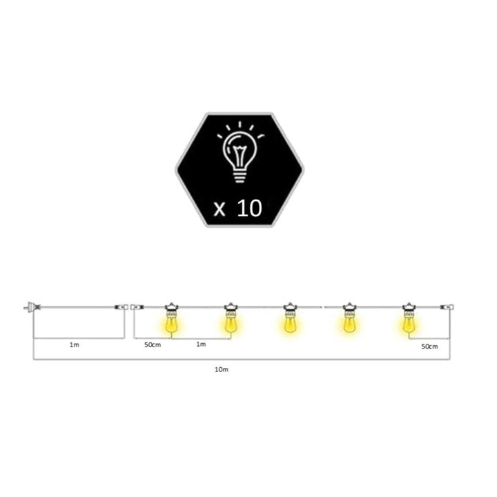 S14 Clear Bulb White Cable | 10m 10 Bulbs | Drop Hang Dimmable Festoon Lights