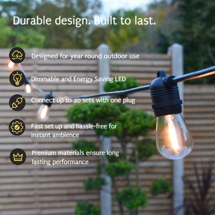 S14 Clear Bulb | 10m 20 Bulbs | Flush Mount Dimmable Festoon Lights