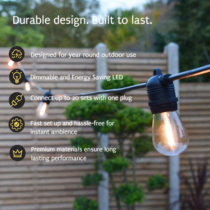 S14 Clear Bulb | 10m 20 Bulbs | Flush Mount Dimmable Festoon Lights