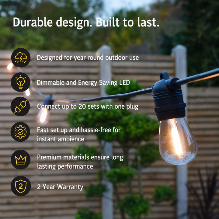 A60 Clear Bulb Festoon Lights | 10m 10 Bulbs | Flat Flush Mount