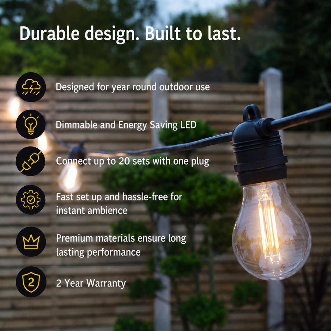 Festoon Lights | A60 Clear Bulb | 10m 10 Bulbs | Flush Mount | Connectable