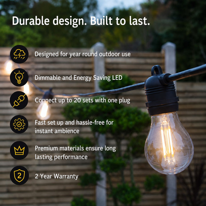 Festoon Lights | A60 Clear Bulb | 10m 10 Bulbs | Flush Mount | Connectable