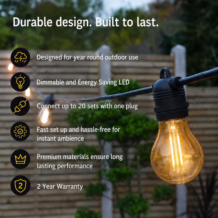 Festoon Lights | A60 Amber Bulb | 10m 10 Bulbs | Flush Mount | Connectable