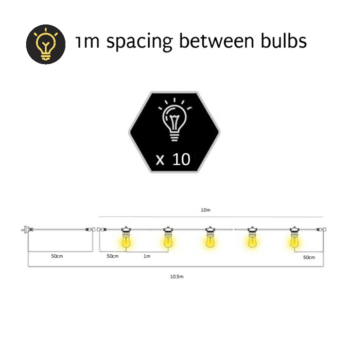G45 Glass Bulb | 10m 10 Bulbs | Non-Dimmable | Flush Mount Festoon Lights