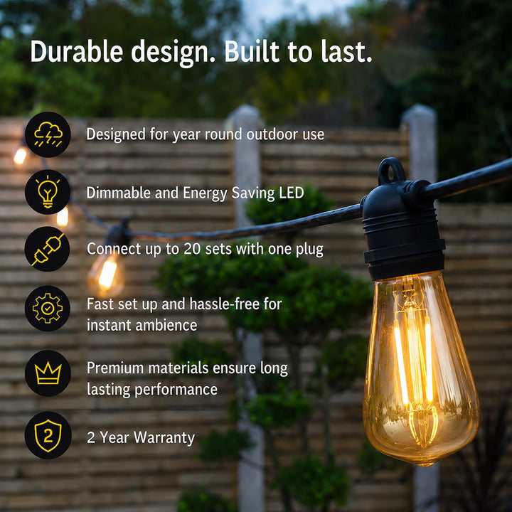 Festoon Lights | ST58 Amber Bulb | 10m 10 Bulbs | Flush Mount | Connectable