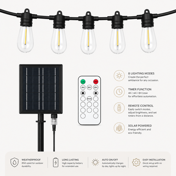 Solar S14 Festoon Lights | Flush Mount Style | 14.7m 15 Bulbs | Remote Control