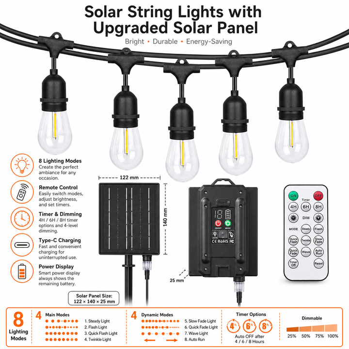 Solar S14 Festoon Lights | Drop Hang Style | 14.7m 15 Bulbs | Remote Control