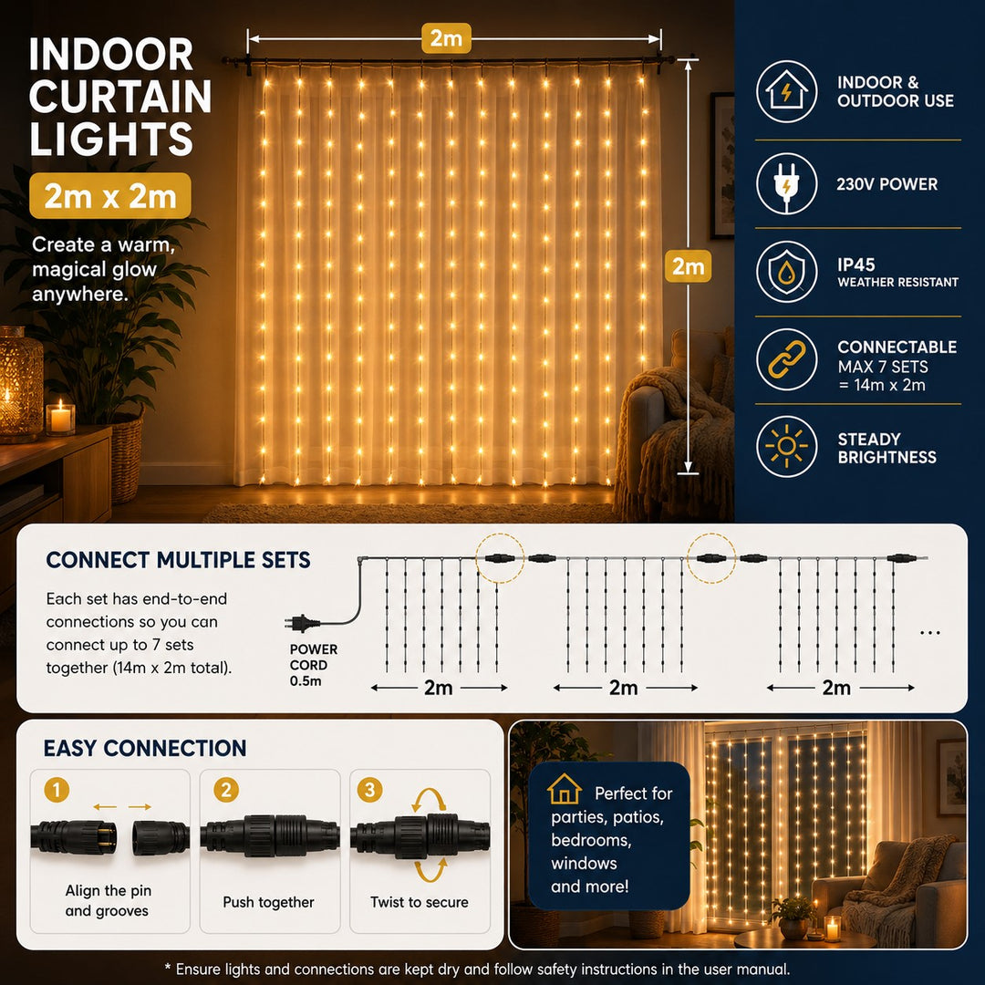 Indoor Curtain Fairy Lights | 2m x 2m Clear Cable | Connectable | Core Series