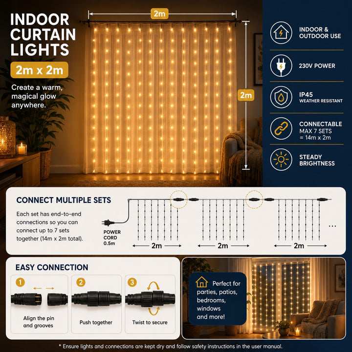 Indoor Curtain Fairy Lights | 2m x 2m Clear Cable | Connectable | Core Series